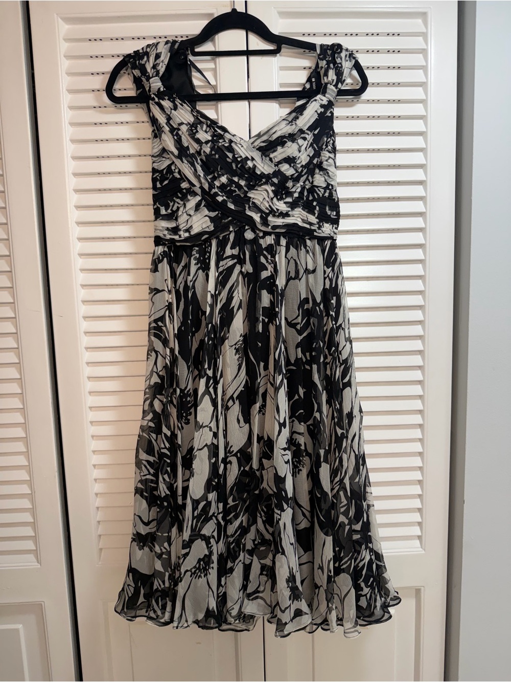 Black & White Floral Silk Dress with Draped Bodice